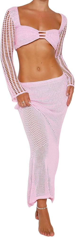 Tsnbre Knit Sets Two Piece Skirt Outfits for Women Hollow Out Long Sleeve Crop Top Bodycon Maxi D... | Amazon (US)
