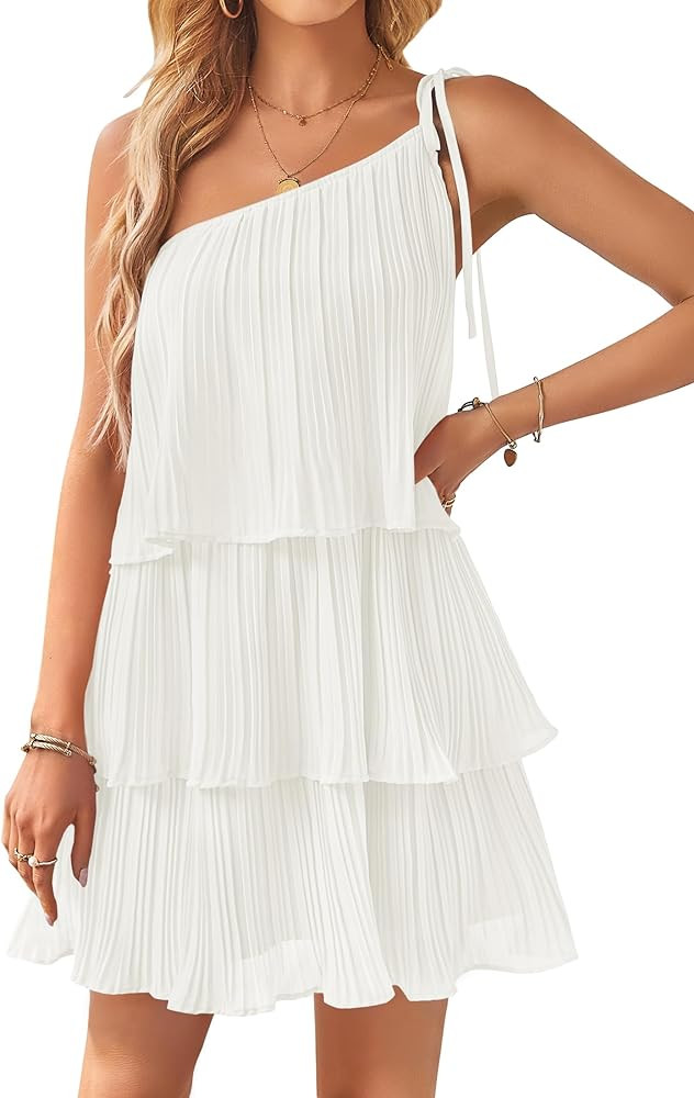 ZESICA Women's 2024 Boho Summer One Shoulder Sleeveless Ruffle Tiered Layered Chiffon Pleated A L... | Amazon (US)