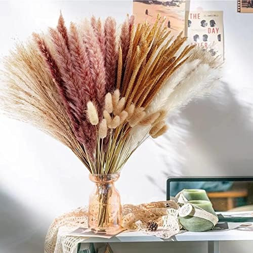 130 PCS Dried Pampas Grass Boho Home Decor 17 in Natural Dried Flowers-White & Brown Natural Pamp... | Amazon (US)