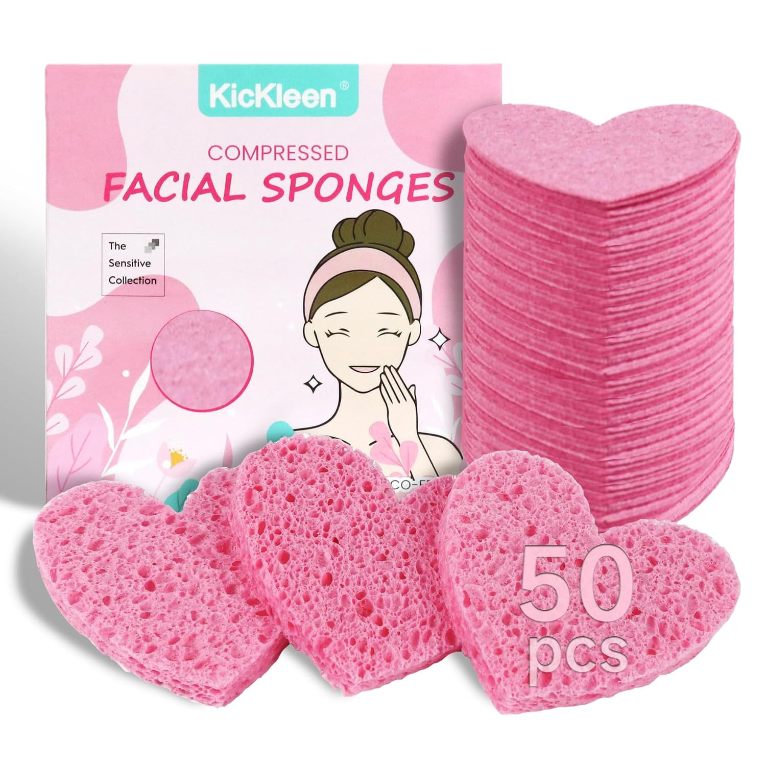 50-Count Kickleen Compressed Cellulose Heart Shape Facial Sponges | Natural Cosmetic Spa Sponges ... | Amazon (US)