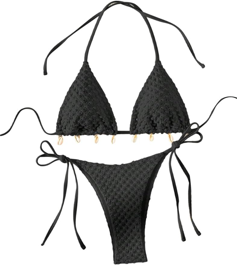 Verdusa Women's 2 Piece Tie Knot Halter Shell Pom Triangle Bikini Sets Bathing Suits | Amazon (US)