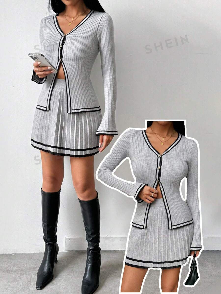 SHEIN Essnce 2pcs Women's V-Neck Contrast Trim Blouse And Striped Pleated Skirt Sweater Set | SHEIN
