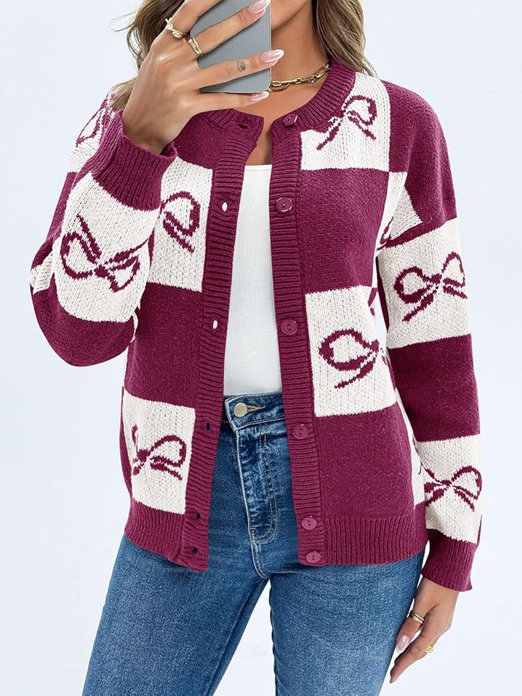 Saodimallsu Womens Checkered Sweater Bow Color Block Plaid Cardigan Long Sleeve Button Open Front... | Amazon (US)