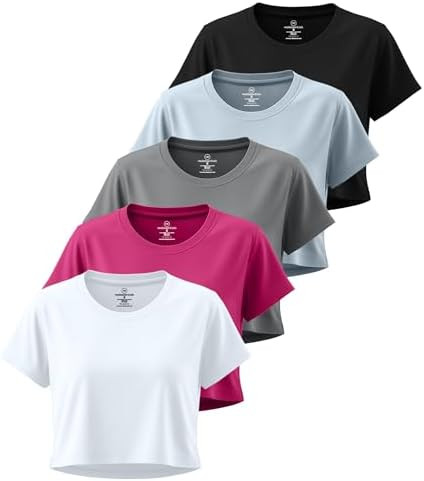 Real Essentials 5 Pack: Women's Dry-Fit Crop Top Short Sleeve Shirts Workout Gym Cropped Athletic... | Amazon (US)