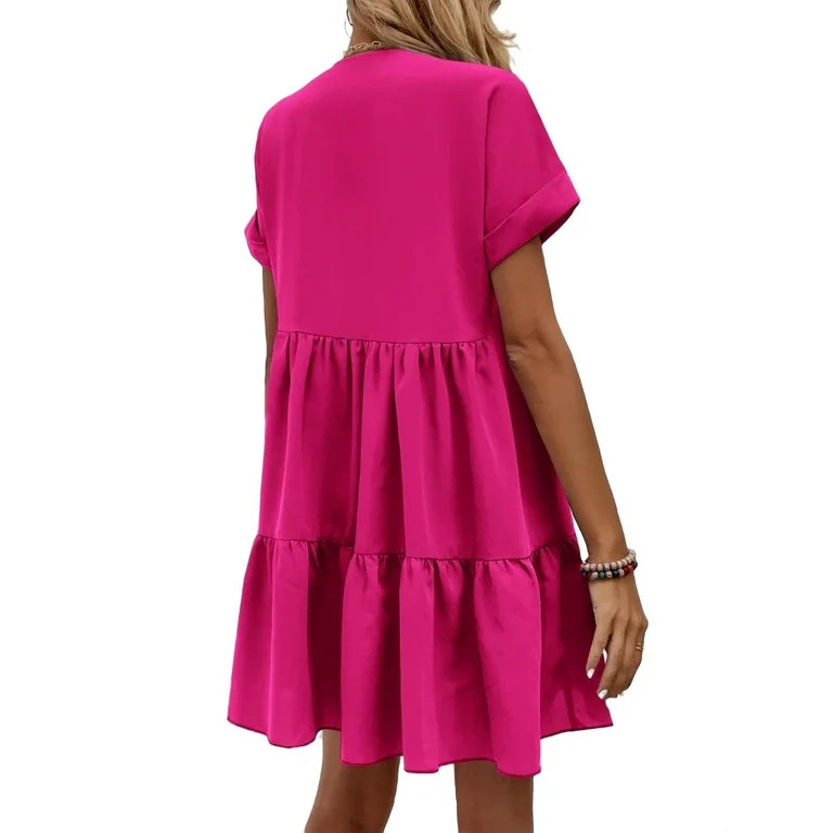 Womens Smock Dress Plain Ruffle Hem V neck Hot Pink XS | Walmart (US)