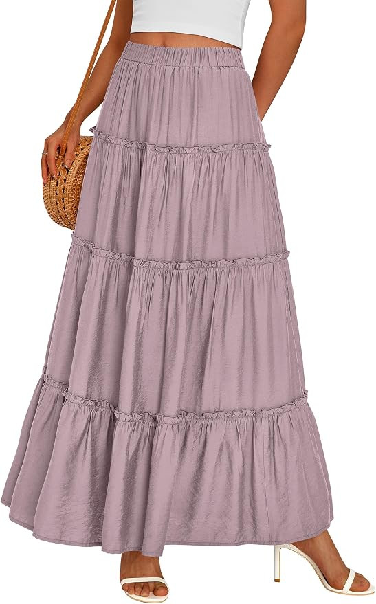 PRETTYGARDEN Women's Boho Tiered Ruffle Flowy Maxi Skirt | Elastic High Waist, Long A Line Skirts... | Amazon (US)