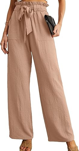 IWOLLENCE Women's Wide Leg Pants with Pockets High Waist Adjustable Knot Loose Casual Trousers Bu... | Amazon (US)