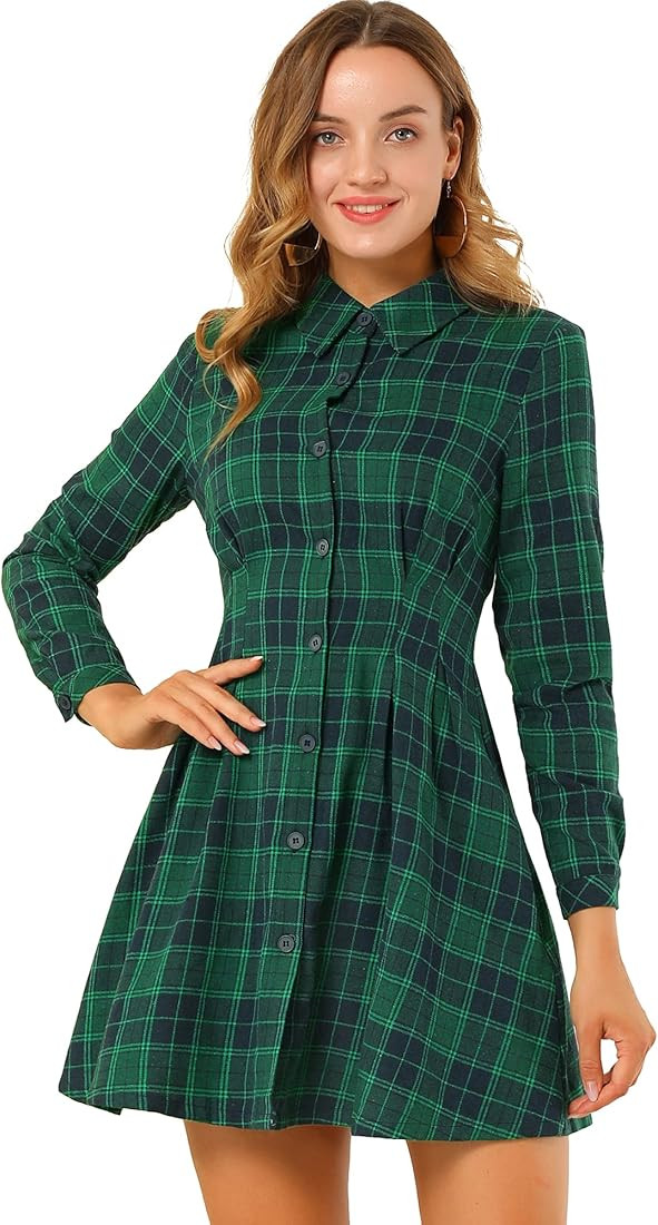 Allegra K Women's Tartan Plaid High Waist A-Line Button Up Flared Shirt Dress | Amazon (US)