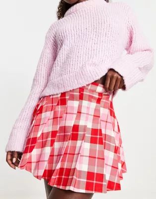 Monki pleated mini kilt skirt in pink and red check | ASOS (Global)
