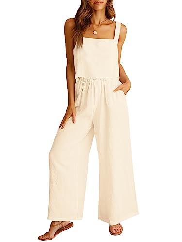 ANRABESS Women's 2 Piece Outfits Linen Pants Jumpsuit Matching Lounge Set Casual Summer Beach Vacation Trendy Clothes Beige Medium | Amazon (US)