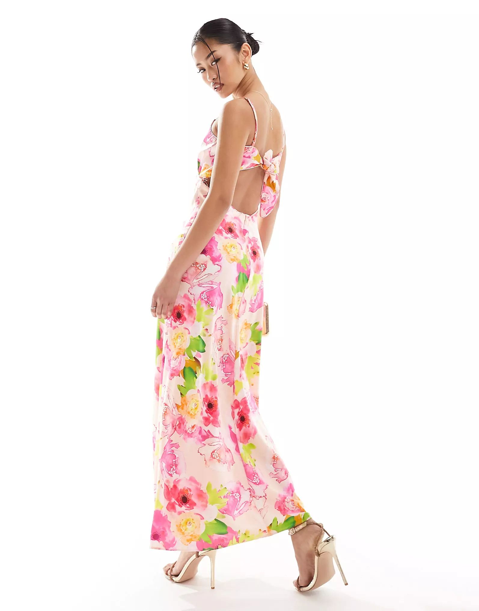 Bardot satin slip midi dress in pink floral | ASOS (Global)