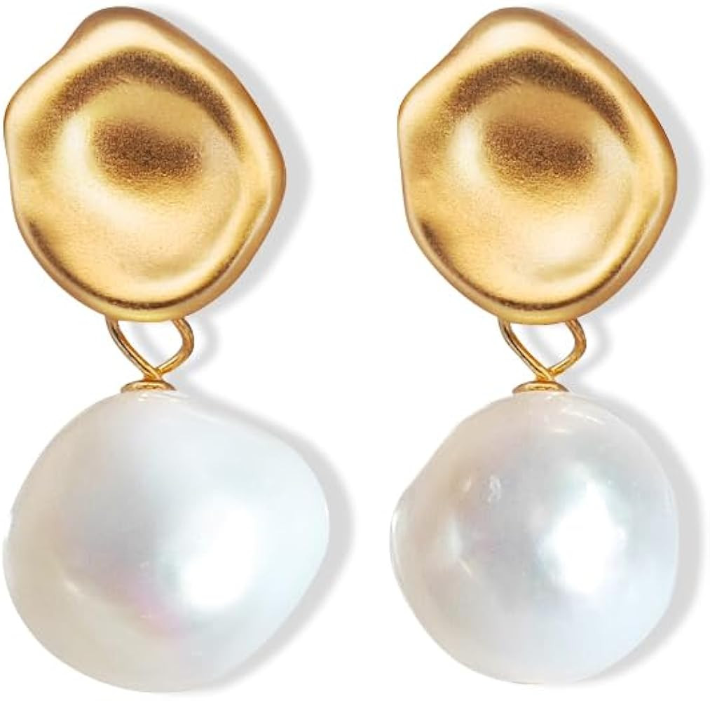 Gold Plated Large Pearl Stud Earrings for Charm Women with Dangle Drop Lightweight Dainty Fashion... | Amazon (US)