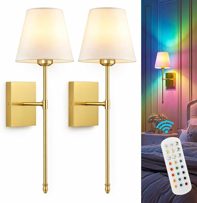 Rechargeable Battery Operated Wall Sconces Set of 2, Gold Wireless Fabric Shade Wall Sconce with ... | Amazon (US)
