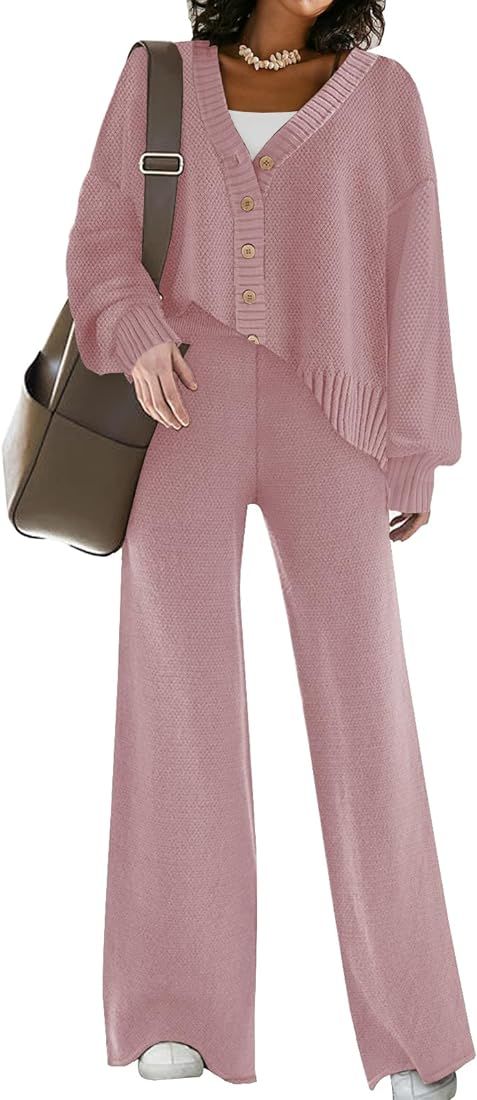 Womens Two Piece Outfits Sweater Sets Open Front Knit Cardigan and Wide Leg Pants Sweatsuit Loung... | Amazon (US)
