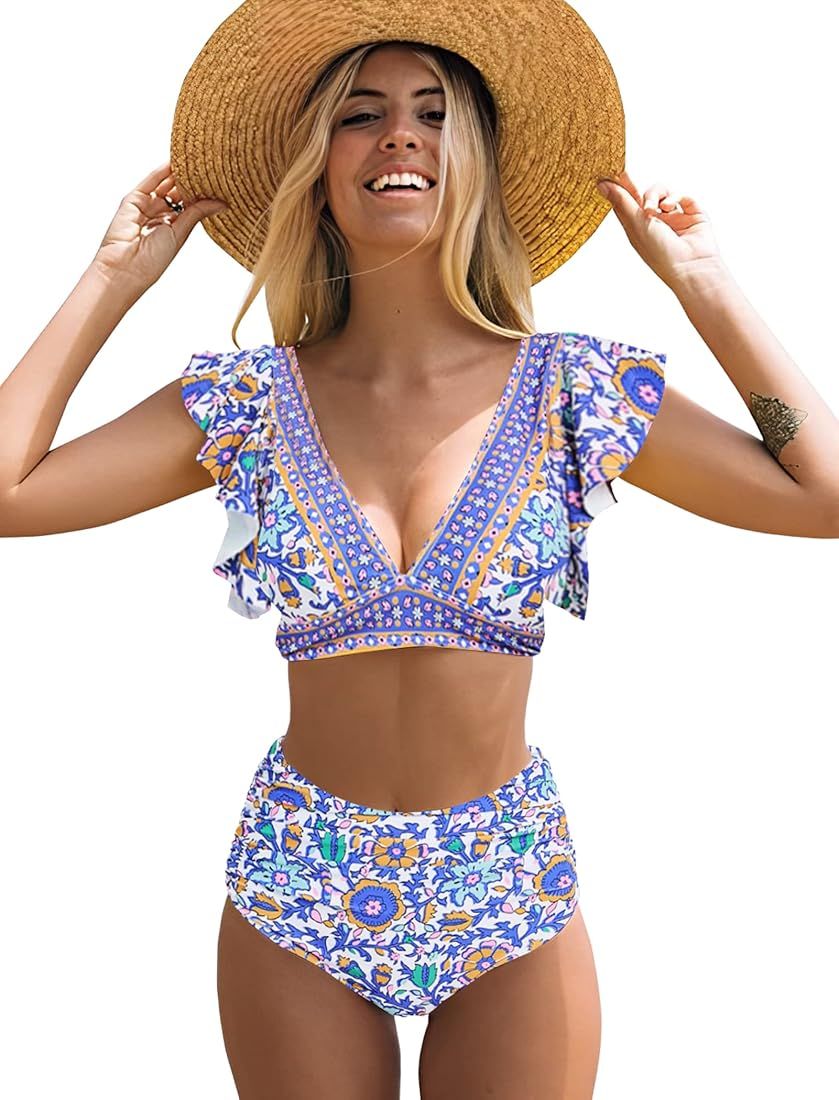 Soucrat Women Ruffle High Waisted Swimsuit Two Piece Tropical Print Swimsuit Push Up Bathing Suit | Amazon (US)