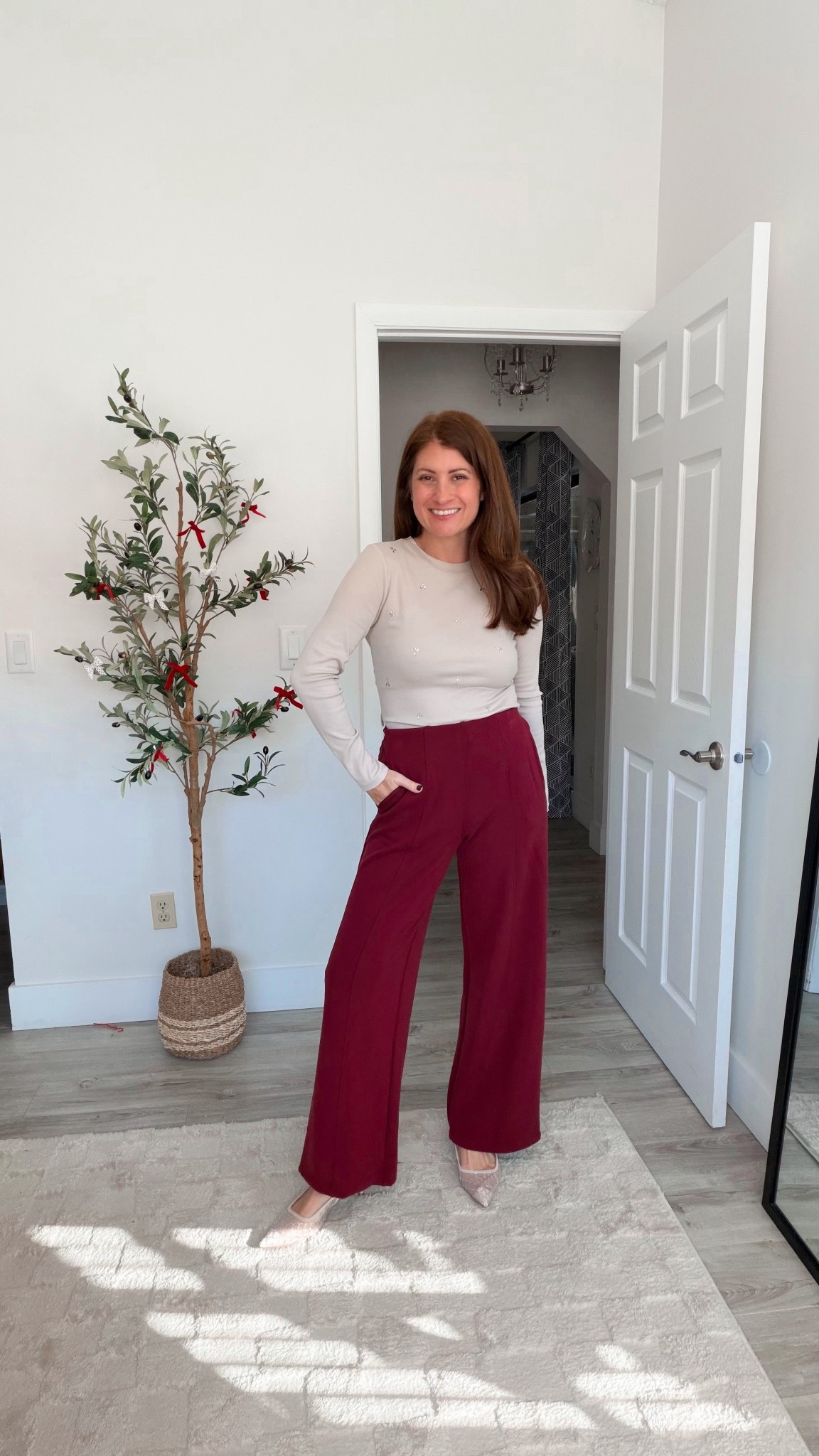 I have found some adorable winter pieces at Target lately and these burgundy pants are so cute and easy to dress up or down. I love how put together this look is while being so comfortable. This long sleeve top has the perfect amount of sparkle and is part of a bogo deal today! 
Winter outfit inspo, NYE outfit inspo 

#LTKSeasonal #LTKPetite #LTKOver40