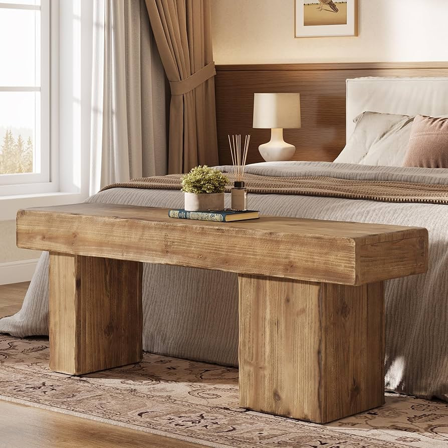 Thickened Solid Wood Bench, 47" Rustic Farmhouse Entryway Bench with Artistic Legs, Heavy Duty Di... | Amazon (US)