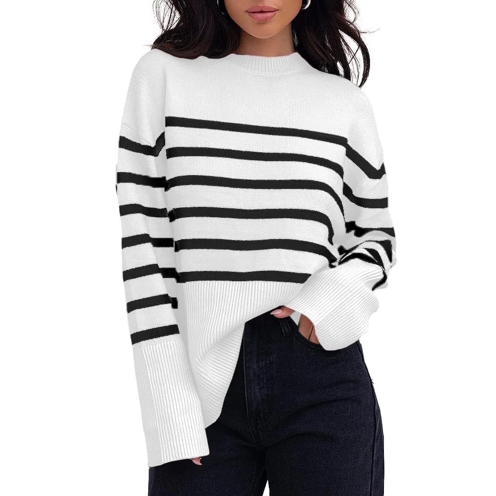 Amazhiyu Women's Striped Pullover Sweaters Batwing Long Sleeve Crew Neck Ribbed Knit Side Slit Fa... | Walmart (US)