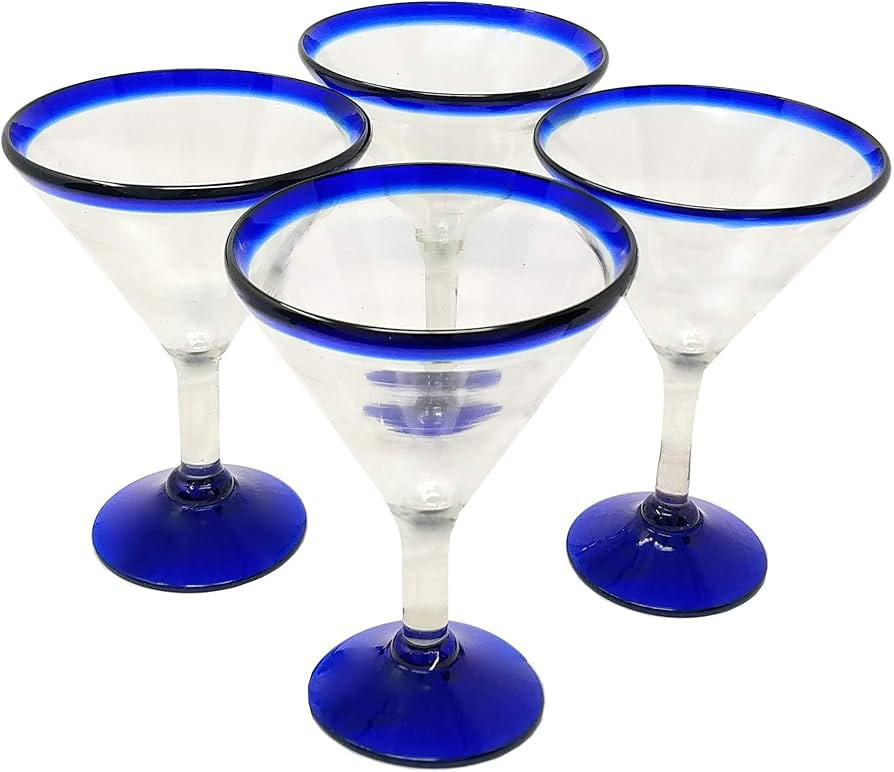 Mexican Hand Blown Glass – Set of 4 Hand Blown Modern Margarita Glasses - Blue Rim (12 oz) | Amazon (US)