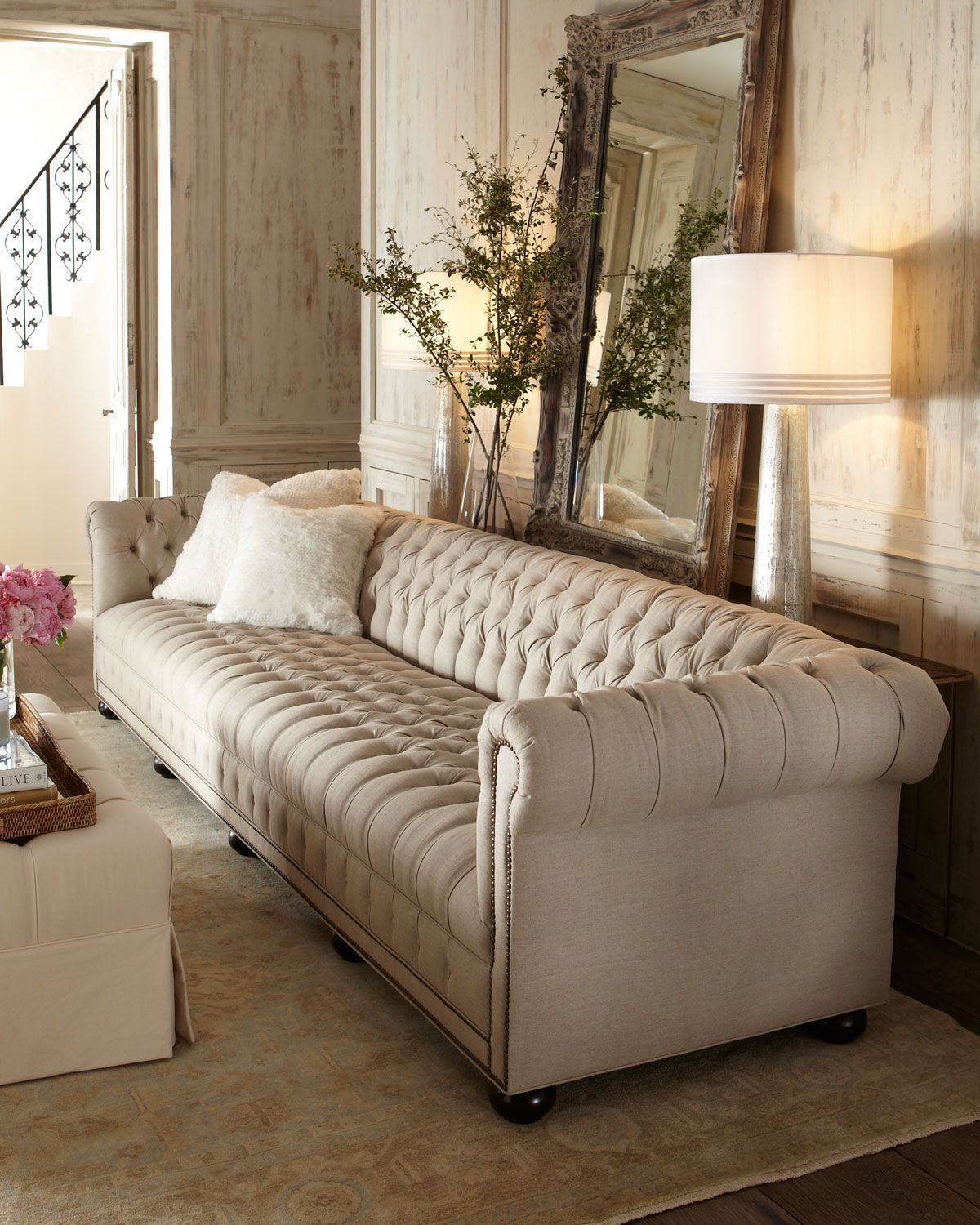 Hudson Tufted-Linen Sofa, 131"L | Horchow