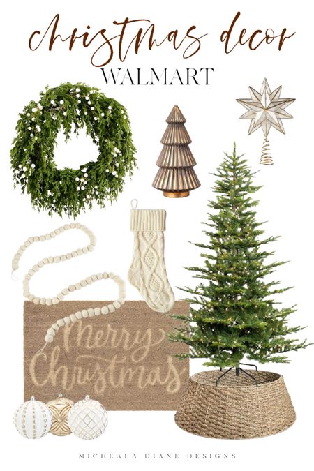 Neutral Christmas Decor Walmart. Christmas door mat, holiday wreath, Christmas tree, wool garland, knit stockings. 

#LTKHoliday #LTKSeasonal #LTKhome