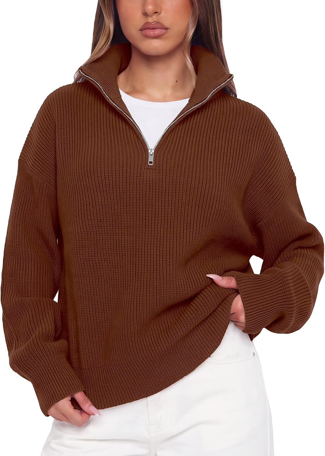SUUKSESS Women Cashmere Blend Oversized Quarter Zip Pullover Sweater | Amazon (US)