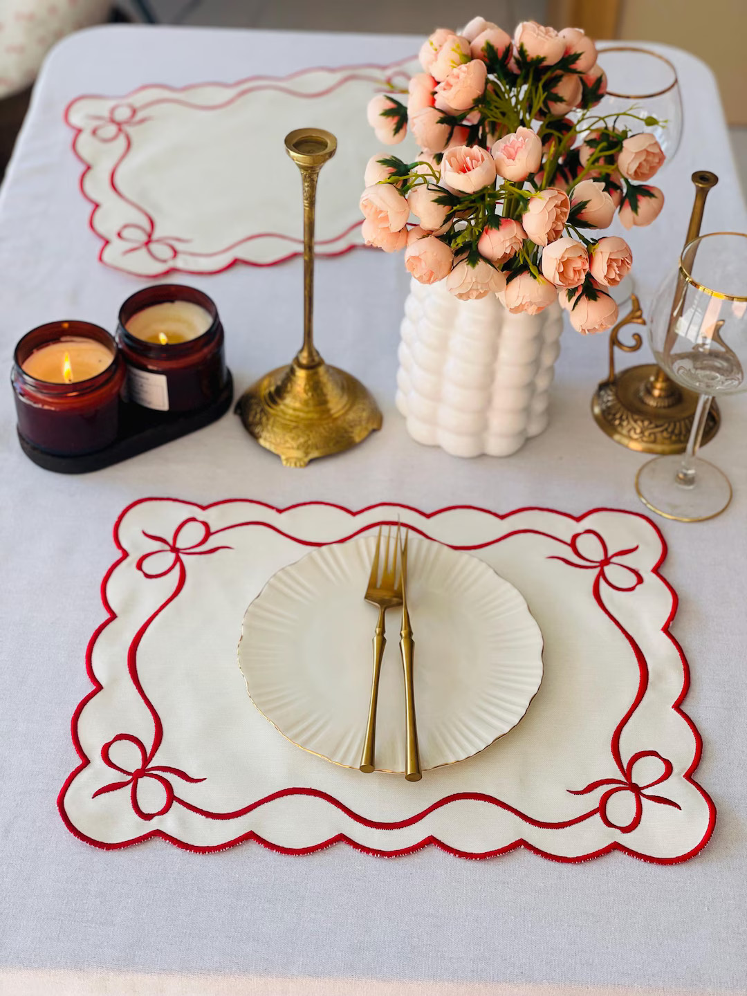 Embroidered Placemats, Scalloped Red Ribbon Placemats - Etsy | Etsy (US)