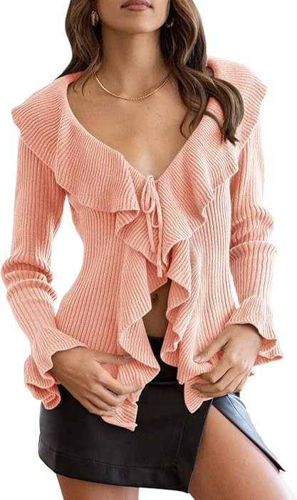Goranbon Womens V Neck Sexy Sweaters Ruffle Long Sleeve Wrap Loose Sweater Fashion Drawstring Jum... | Amazon (US)
