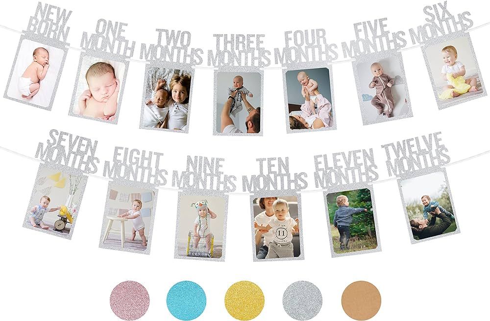 PartyHooman Silver 1st Birthday Photo Banner for Baby Girl - Monthly Milestones Garland, 12 Month... | Amazon (US)