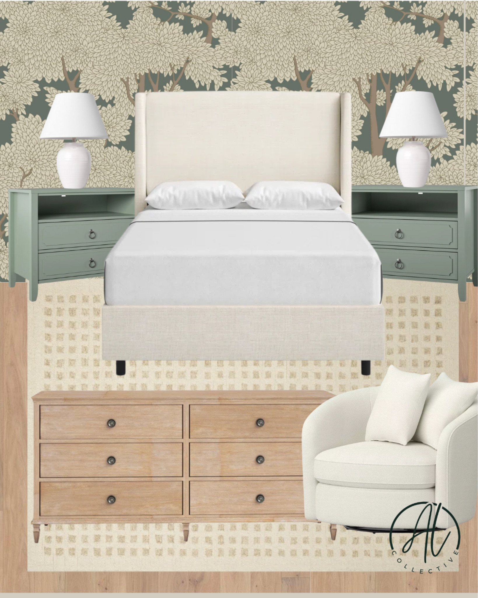 Bedroom design. Wallpaper. Nightstands. Table lamp. Upholstered headboard. Area rug. Dresser. Accent chair. Neutral home decor. loloi. Chris Loves Julia. Mood board  

#LTKFamily #LTKHome