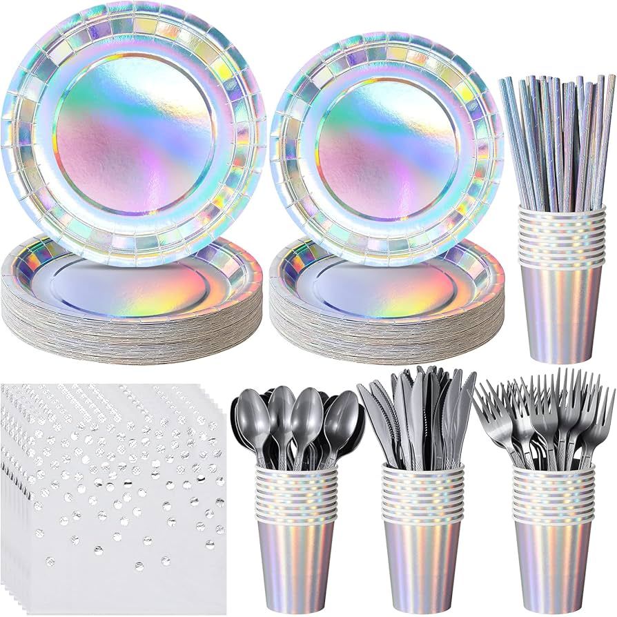 Iridescent Party Supplies Decorations, Holographic Paper Plates and Napkins Set, Disposable Iride... | Amazon (US)