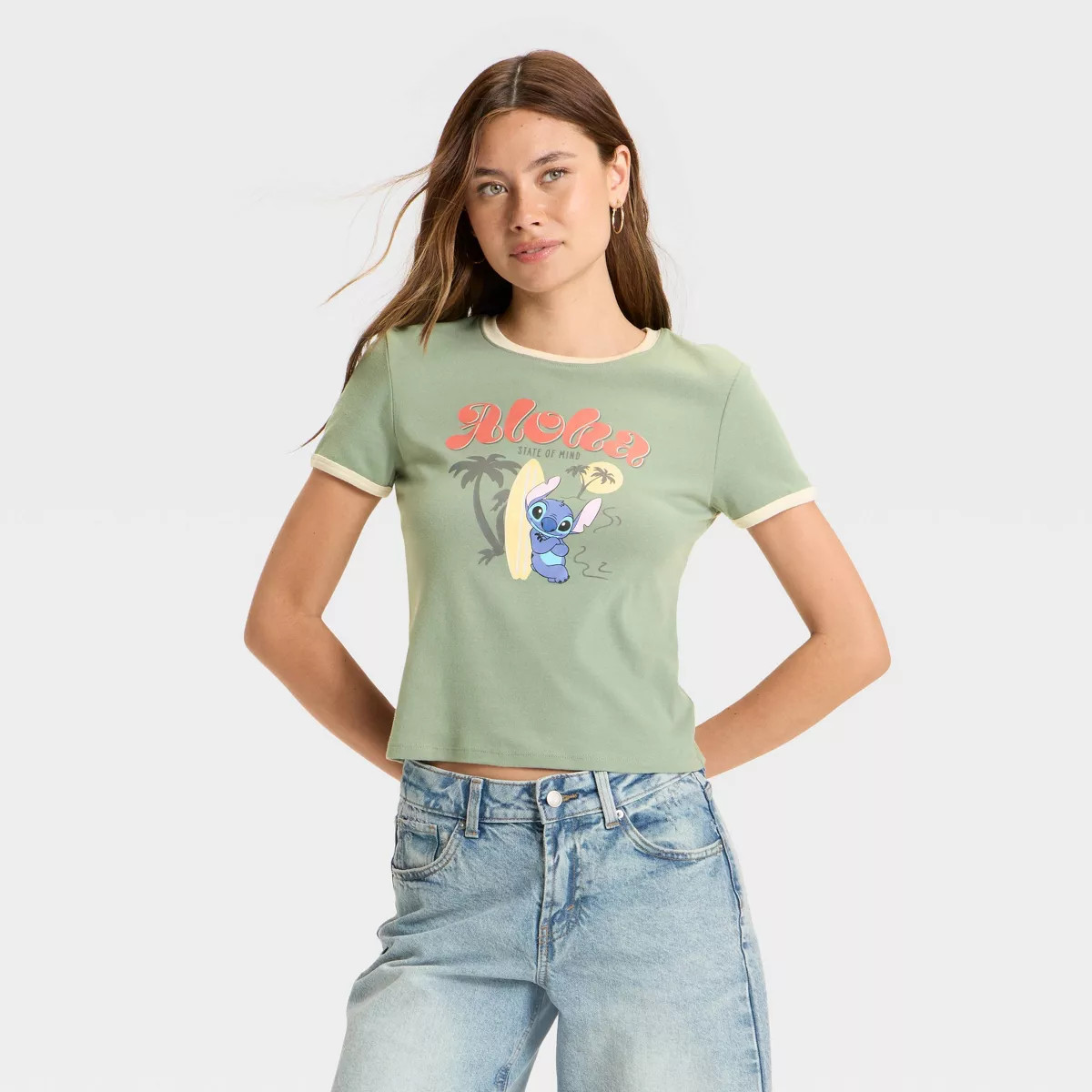 Women's Stitch Short Sleeve Graphic Baby T-Shirt - Green | Target