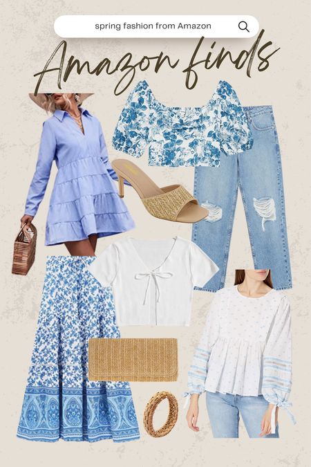 Blue and white spring fashion from Amazon! Amazon fashion, off-the-shoulder top, rattan clutch, ripped jeans  

#LTKunder50 #LTKSeasonal #LTKunder100