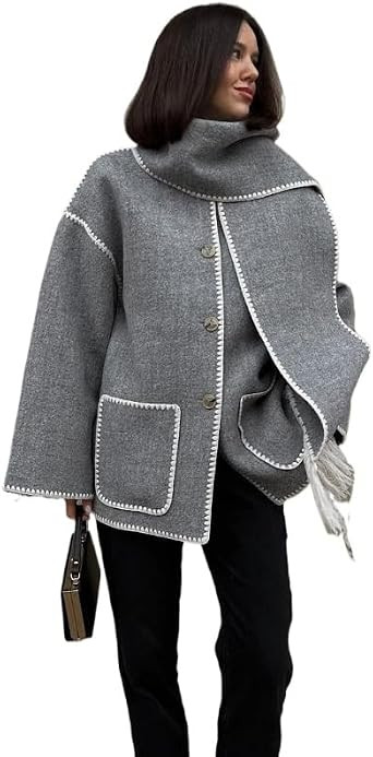 Autumn and Winter Women's Wide Sleeved Cardigan Jacket, Scarf Decoration Button Cardigan, Woolen Sweater (Black, X-Large) | Amazon (US)