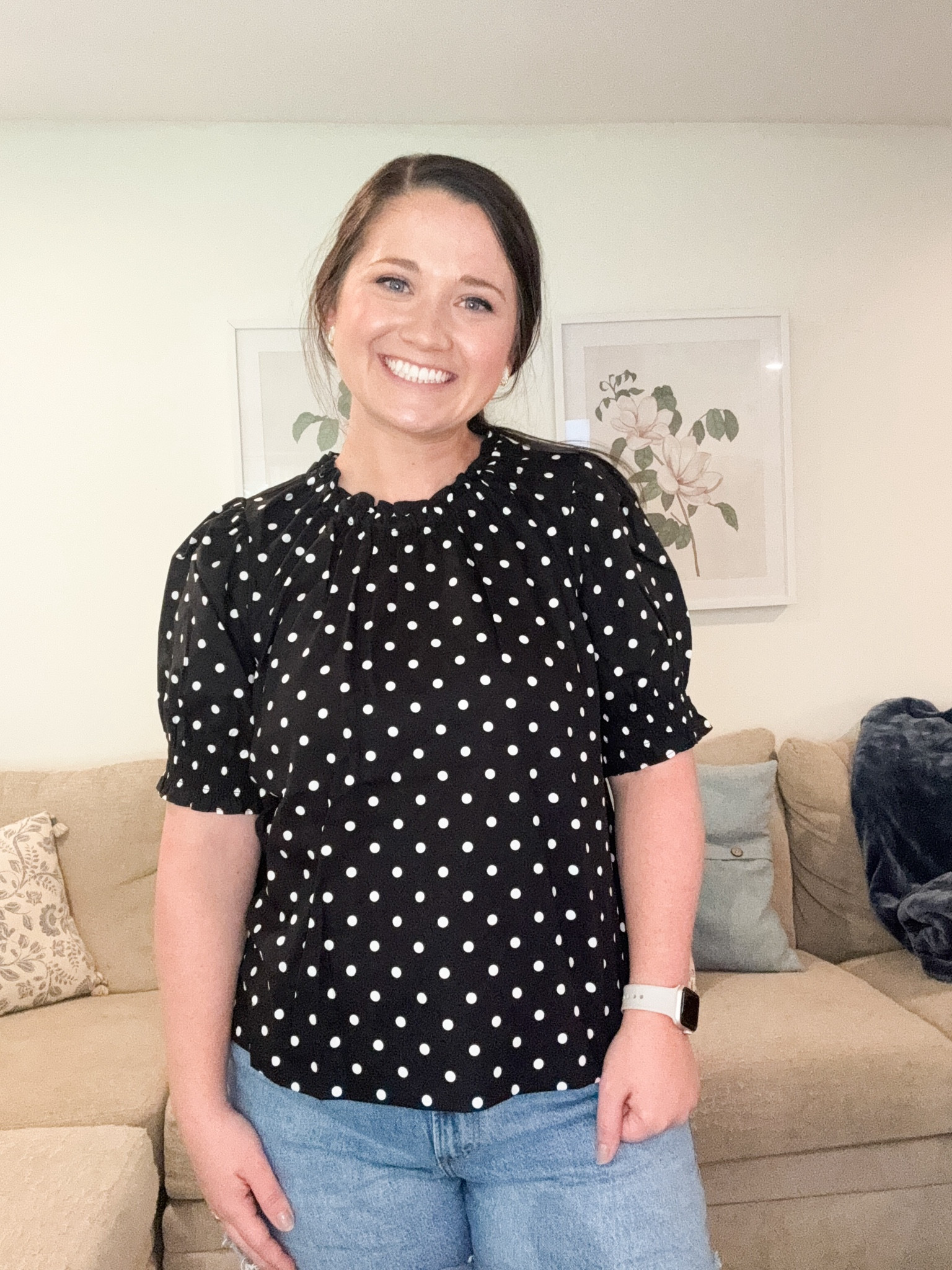 Polka dot top. Work outfit 