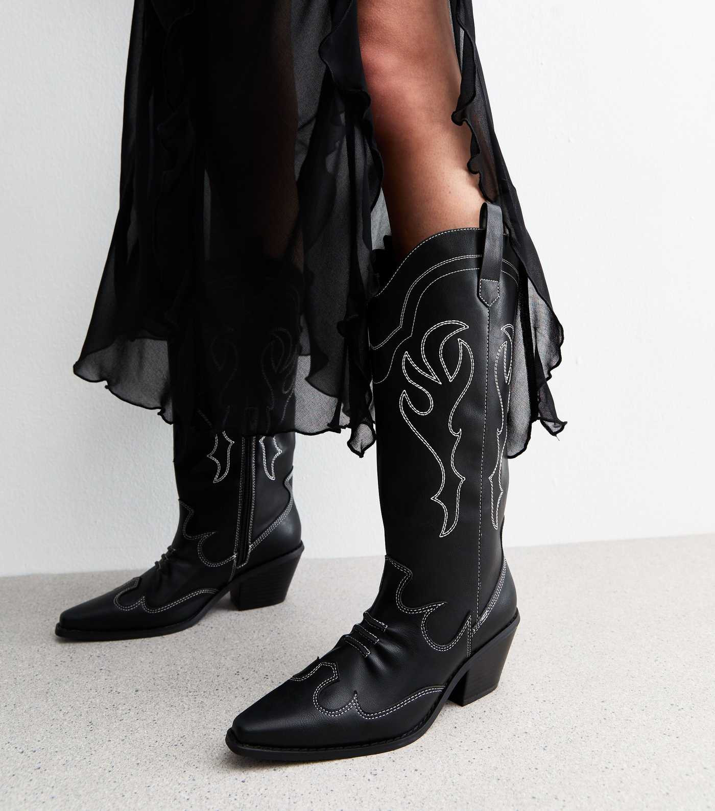 Black Faux Leather Stitch Detail Cowboy Boots | New Look | New Look (UK)