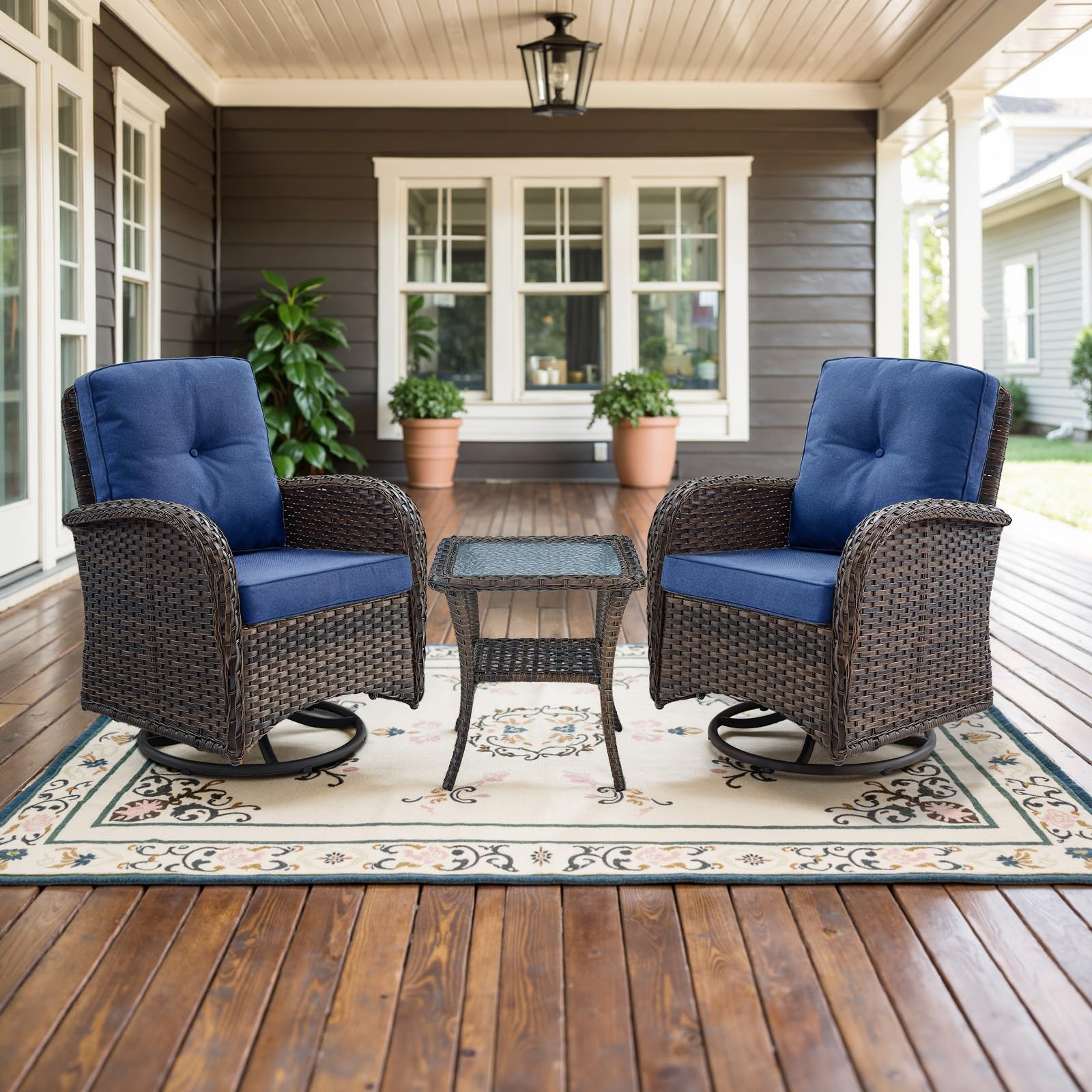 Belord Patio Wicker Chairs Swivel Rocker - Outdoor Swivel Rocking Chairs Set of 2 with Rattan Side Table, Patio Swivel Glider Chair 3 Piece Patio Furniture Sets for Deck Porch Pool Brown/Blue | Amazon (US)