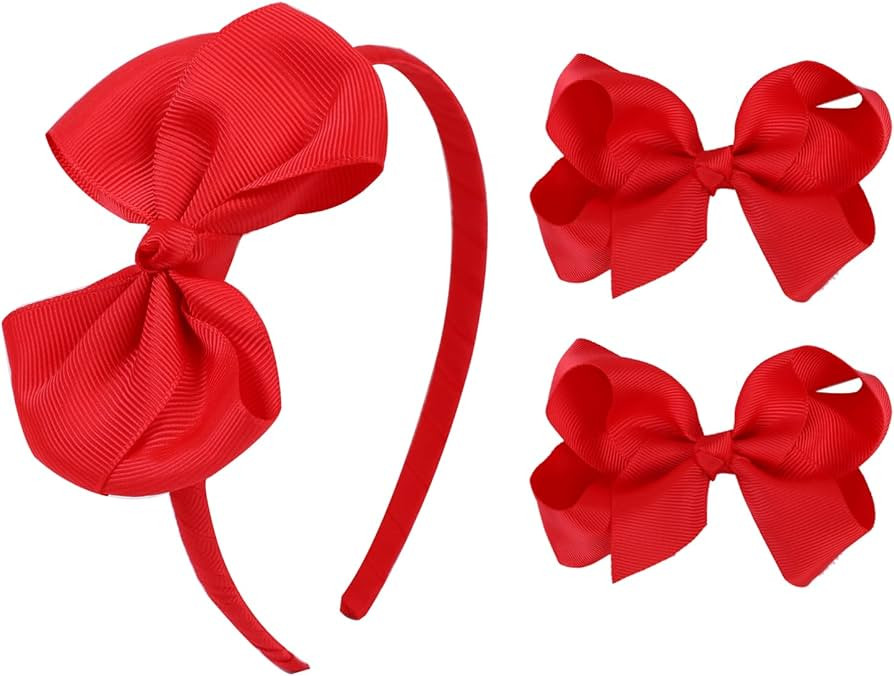 Red Bow Headband & 2 Pcs 4 Inch Hair Bows Set, Back School Hair Accessories for Little Toddler Sc... | Amazon (US)