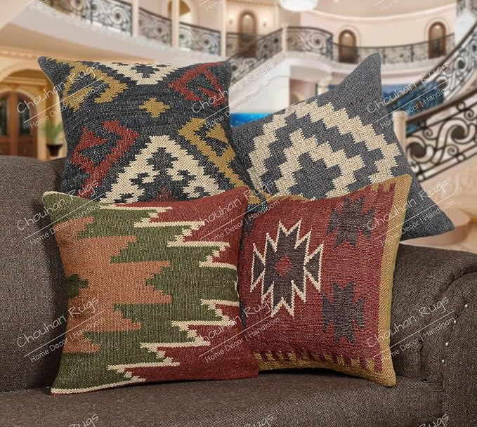 Chouhan Rugs 4 PCS Set of Hand Woven Jute Kilim Cushion Cover Indian Vintage Pillows 18X18 Rug Bo... | Amazon (US)