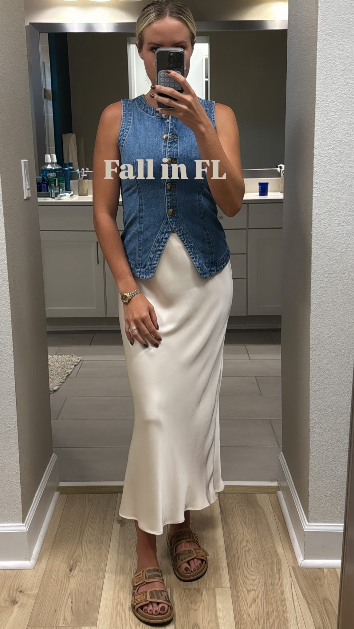 I wish I could wear cute boots and sweaters but I would look like a drowned rat in this FL fall weather skirt is Zara but linking a similar - satin skirt - jean vest - fall transition - family photos outfit 

#LTKFindsUnder50 #LTKStyleTip #LTKSeasonal