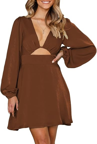 Women's Satin Long Sleeve Cut Out Mini Dress Silk Lantern Sleeve V Neck A-line Sexy Cocktail Shor... | Amazon (US)