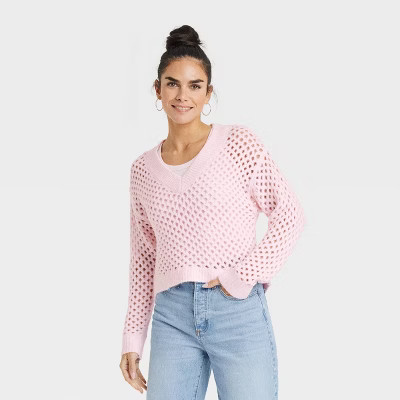 Women's V-Neck Open Work Pullover Sweater - Universal Thread™ Pink XS | Target