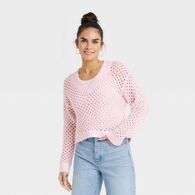 Women's V-Neck Open Work Pullover Sweater - Universal Thread™ Pink XS | Target