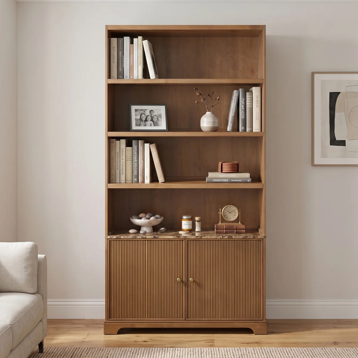 91.1" Modern Tall Bookcase Storage Cabinet with Faux Marble Print Tabletop, 3 Open Display Shelve... | Wayfair North America