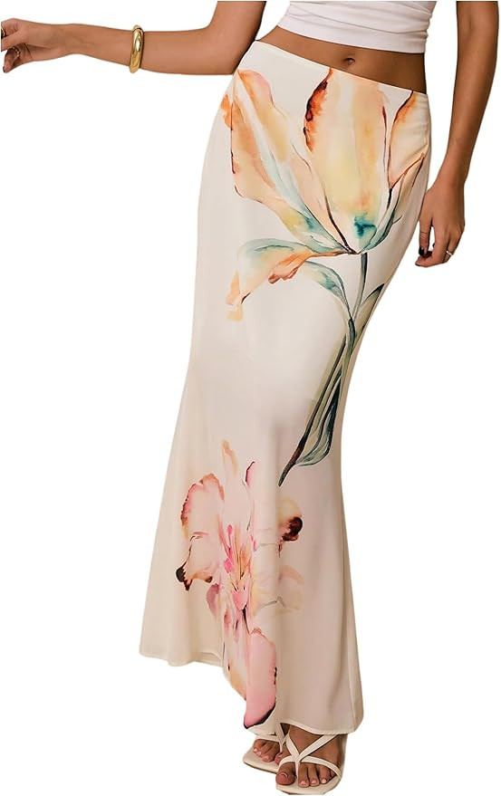 Milumia Women's Floral Print Mesh Long Skirt Bodycon Fishtail Flowy Summer Maxi Skirts | Amazon (US)
