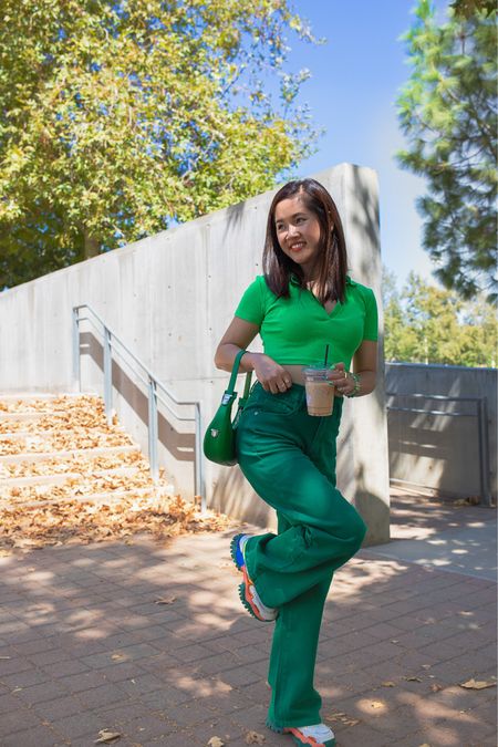 Fall outfit inspo with green cropped top with collar from Zara styled with comfy wide legs pants from Rihoas 💚

I’m wearing both size small for neon green cropped top and green pants and size 6 in these colorful sneakers from Steve Madden 

#LTKSeasonal #LTKSale #LTKCon