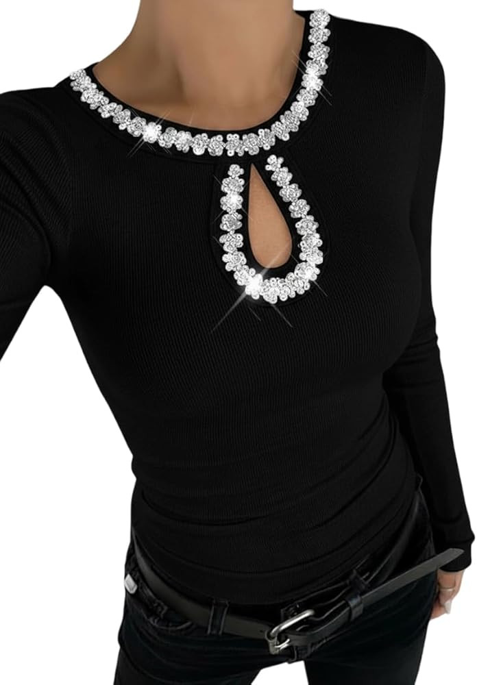 Women Long Sleeve Shirt Going Out Top Rhinestone Sequin Keyhole Neck Knit Ribbed Slim Casual T-Sh... | Amazon (US)