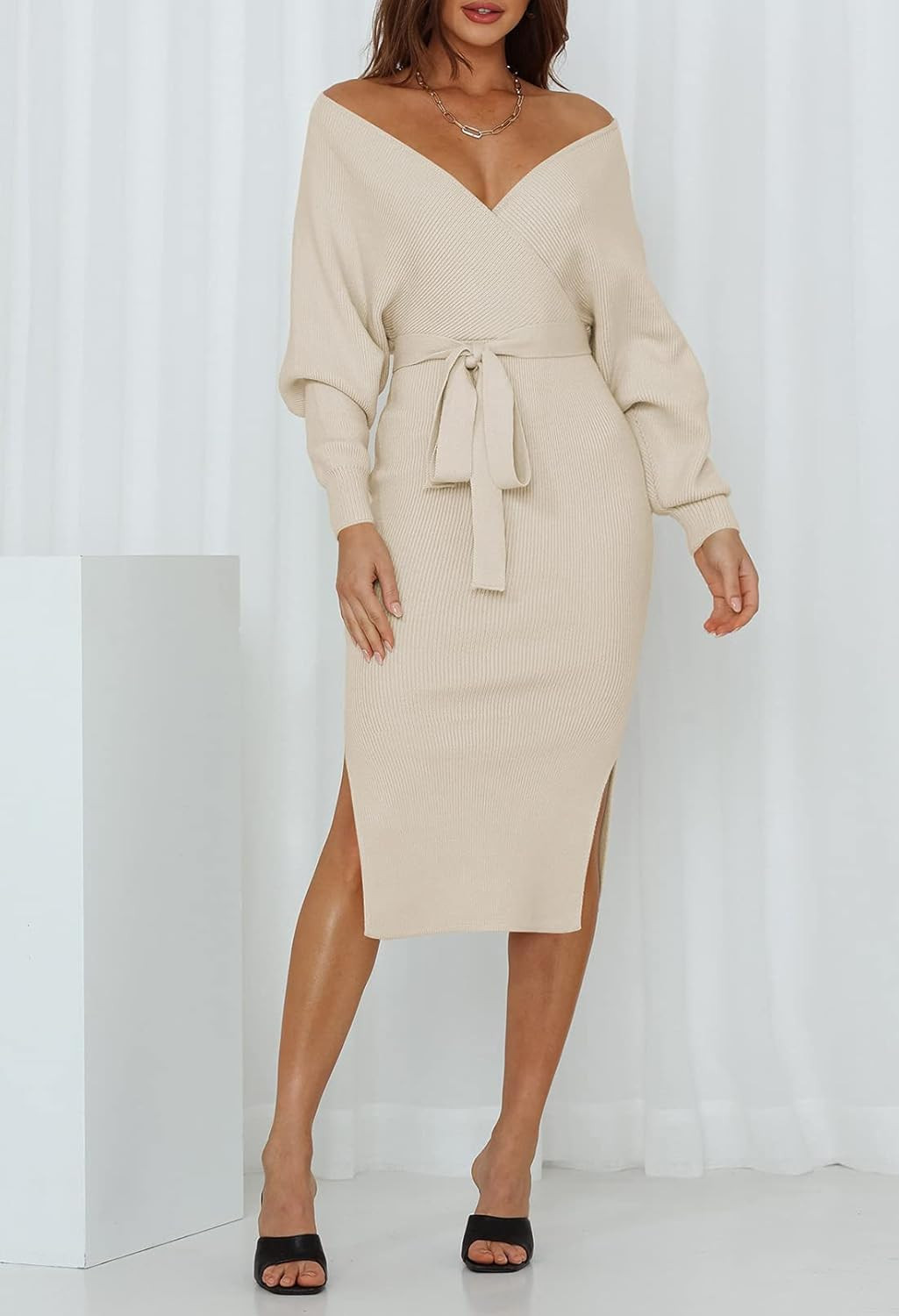 Fixmatti Womens Sweater Dress V Neck Backless Batwing Long Sleeve Belted Knit Dresses | Amazon (US)