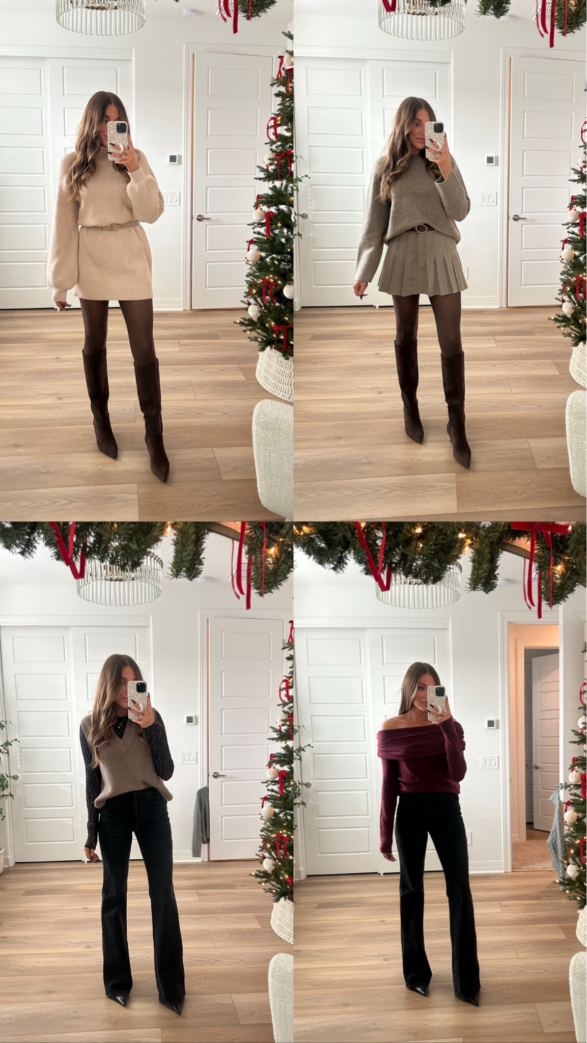 Thanksgiving outfit inspo!! 

1. Exact sweater dress is a few years old so linked similar options!! 
2. Wearing a small in the taupe sweater and pleated skirt 
3. Exact sweater vest and lace top are sold out and older so I linked similar. Wearing a 2 long in the jeans and I’m 5’7”
4. Wearing a small in the sweater and a 2 long in the jeans 
