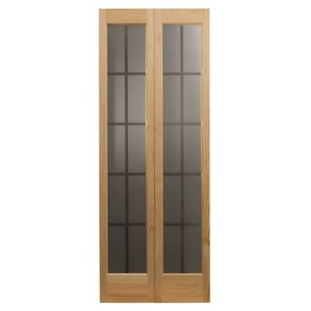 Pinecroft  Mission 30-in x 80-in Unfinished Pine Wood 2-panel Square Frosted Glass Solid Core Un... | Lowe's